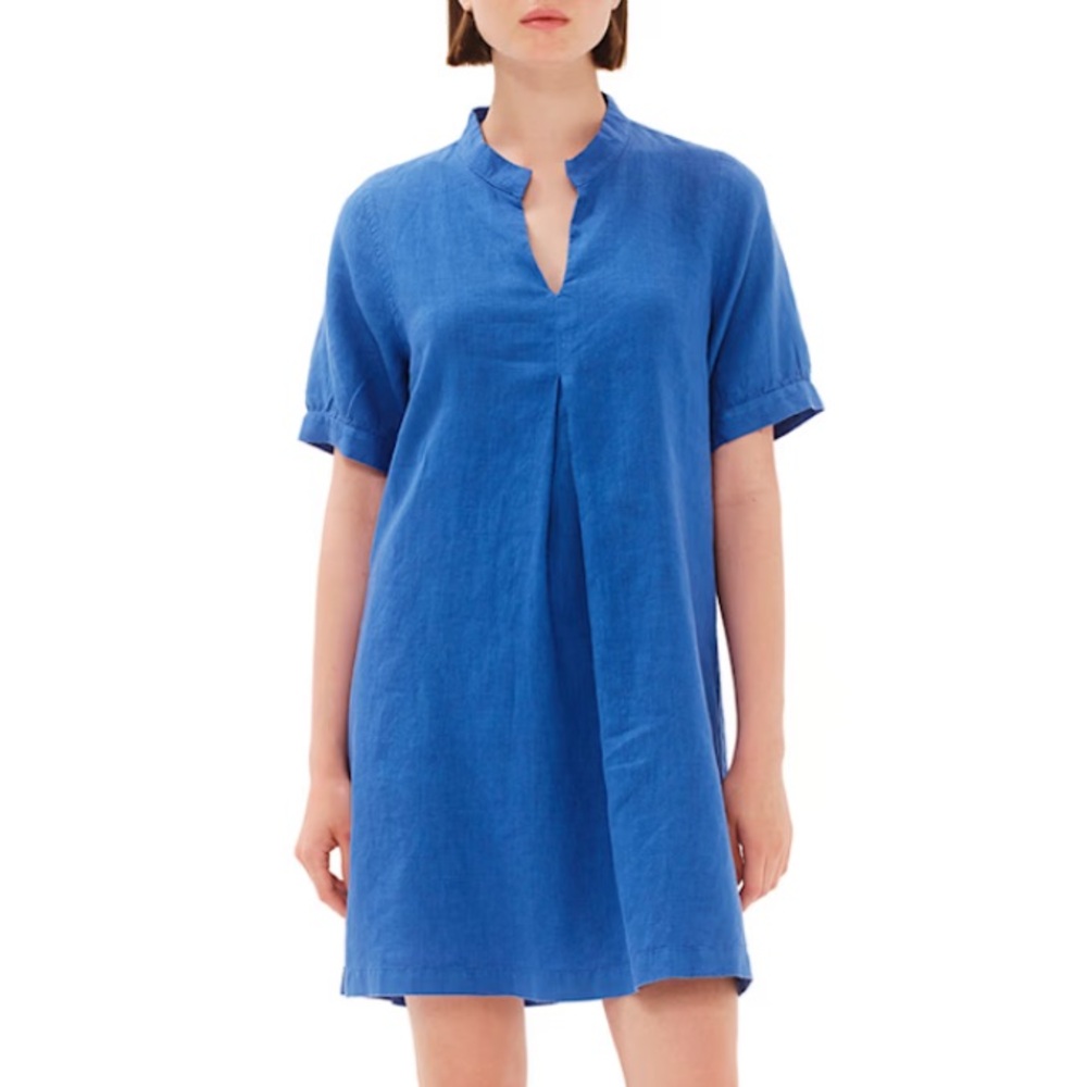 HARIS COTTON Knee Length Linen Dress With Notched Neckline Lapis Blue $355